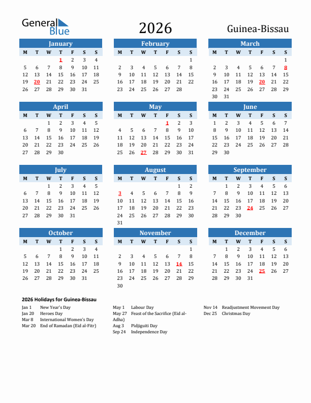 Printable Calendar 2026 with Guinea-Bissau Holidays (Monday Start)