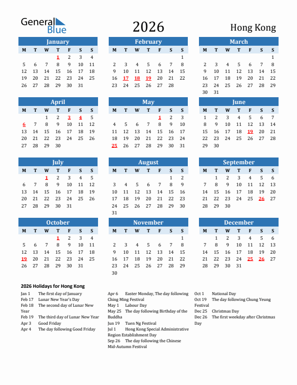 Printable Calendar 2026 with Hong Kong Holidays (Monday Start)