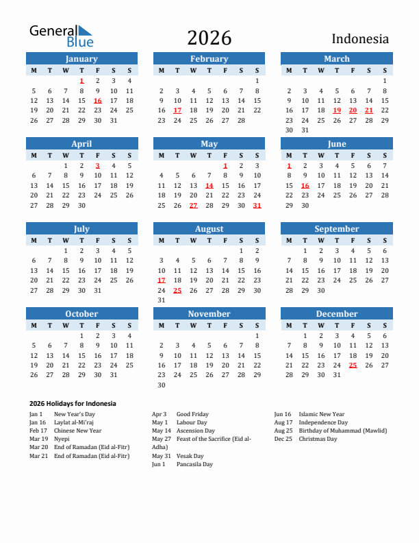 Printable Calendar 2026 with Indonesia Holidays (Monday Start)