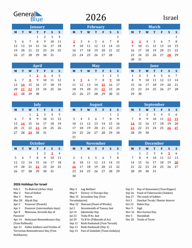 Printable Calendar 2026 with Israel Holidays (Monday Start)
