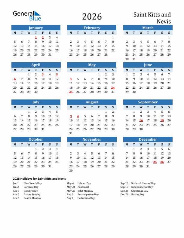 Printable Calendar 2026 with Saint Kitts and Nevis Holidays (Monday Start)