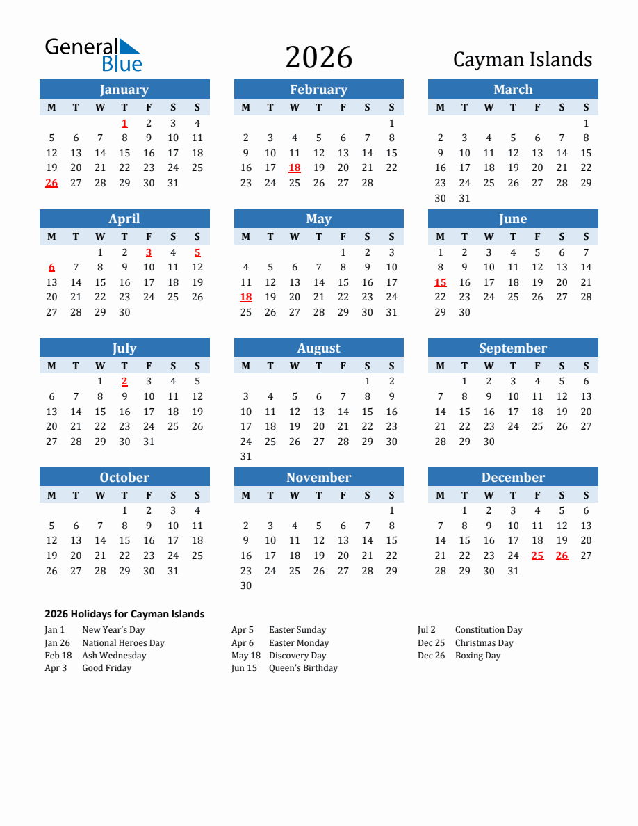 2026 Printable Calendar with Cayman Islands Holidays - Monday Start