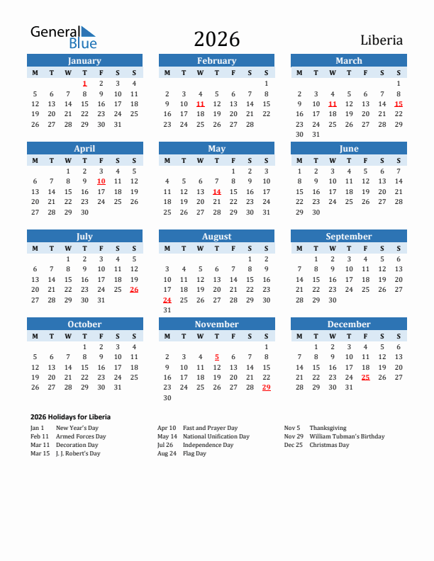 Printable Calendar 2026 with Liberia Holidays (Monday Start)