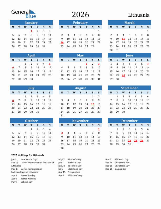 Printable Calendar 2026 with Lithuania Holidays (Monday Start)
