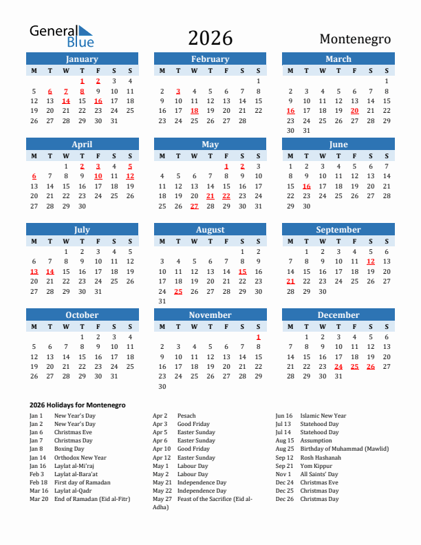 Printable Calendar 2026 with Montenegro Holidays (Monday Start)