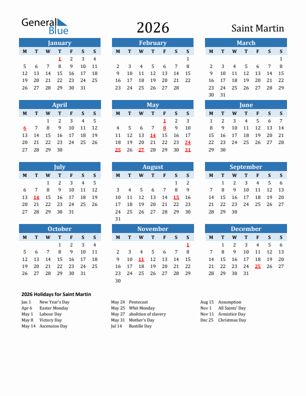 Printable Calendar 2026 with Saint Martin Holidays (Monday Start)
