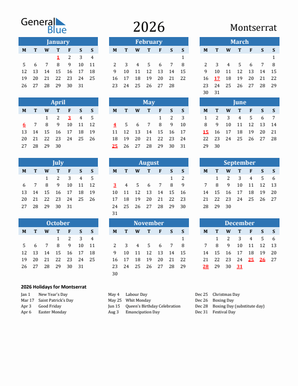 Printable Calendar 2026 with Montserrat Holidays (Monday Start)