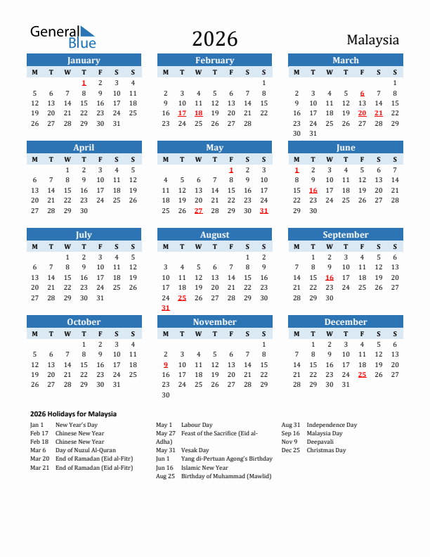 Printable Calendar 2026 with Malaysia Holidays (Monday Start)