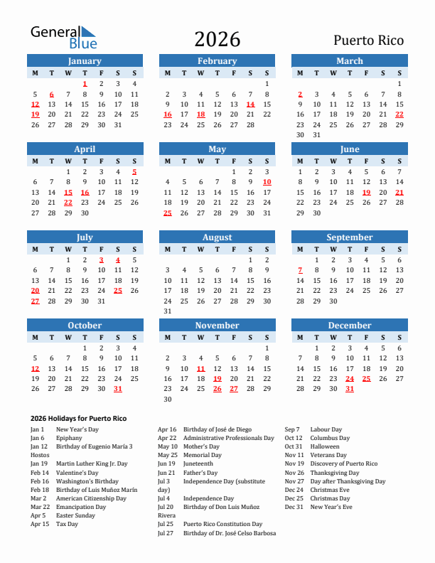 Printable Calendar 2026 with Puerto Rico Holidays (Monday Start)