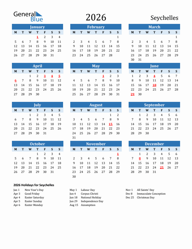 Printable Calendar 2026 with Seychelles Holidays (Monday Start)
