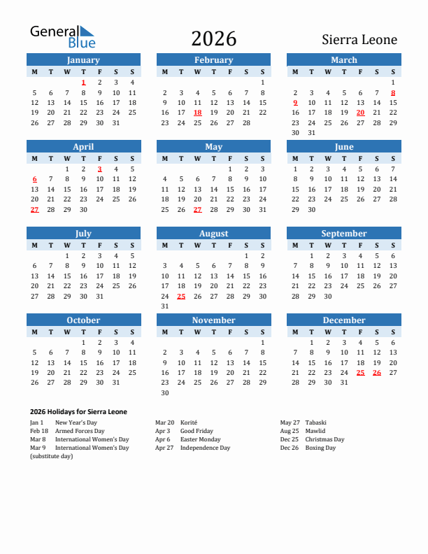 Printable Calendar 2026 with Sierra Leone Holidays (Monday Start)