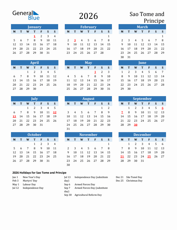 Printable Calendar 2026 with Sao Tome and Principe Holidays (Monday Start)