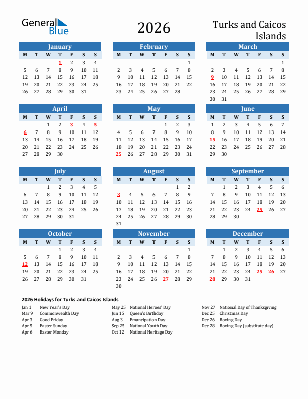 Printable Calendar 2026 with Turks and Caicos Islands Holidays (Monday Start)
