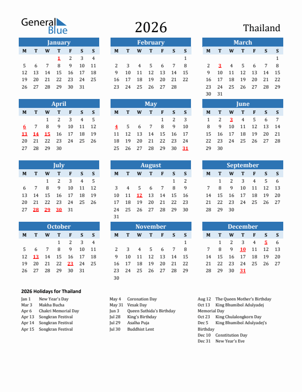 Printable Calendar 2026 with Thailand Holidays (Monday Start)