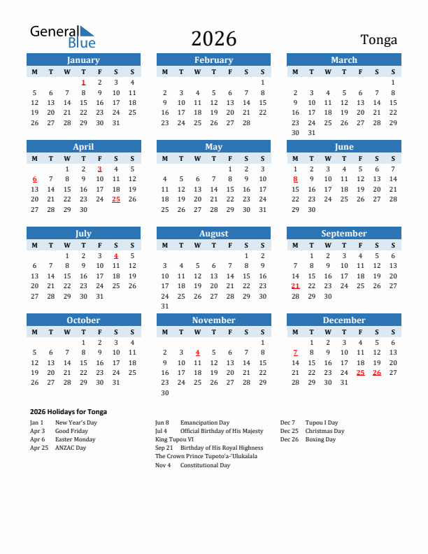 Printable Calendar 2026 with Tonga Holidays (Monday Start)