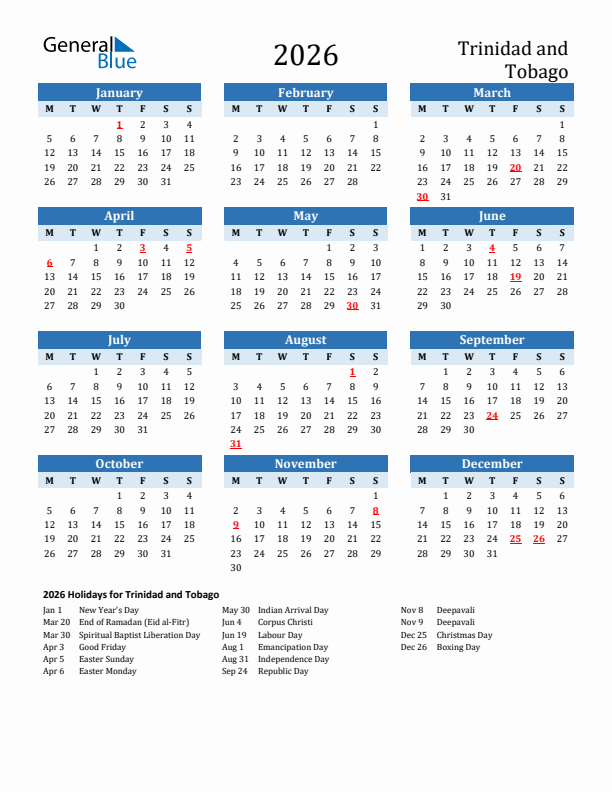 Printable Calendar 2026 with Trinidad and Tobago Holidays (Monday Start)