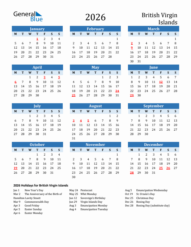 Printable Calendar 2026 with British Virgin Islands Holidays (Monday Start)