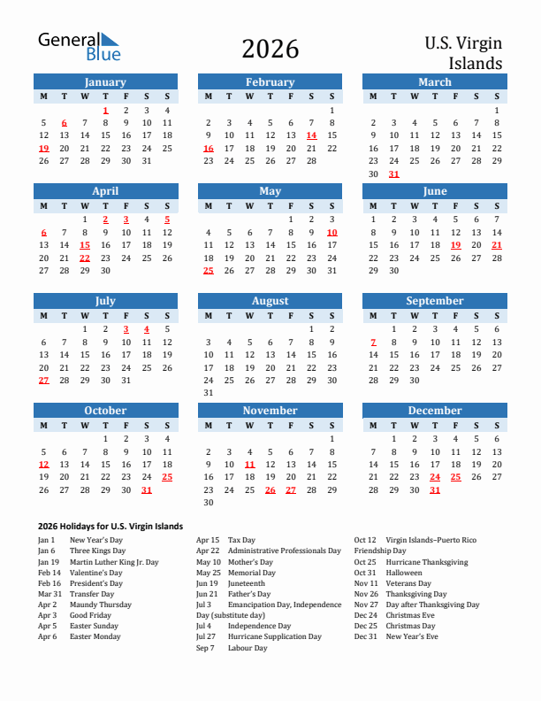 Printable Calendar 2026 with U.S. Virgin Islands Holidays (Monday Start)