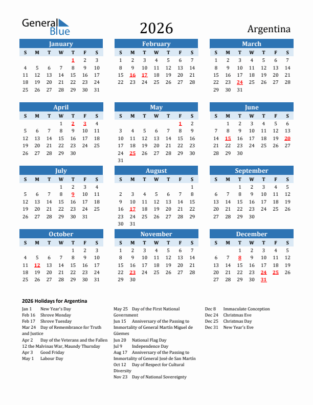 Printable Calendar 2026 with Argentina Holidays (Sunday Start)