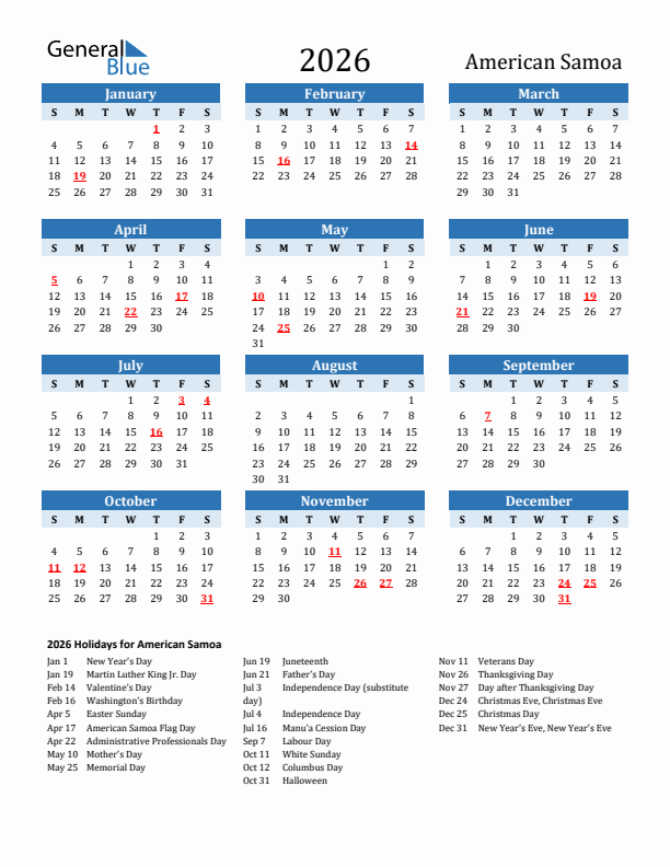 Printable Calendar 2026 with American Samoa Holidays (Sunday Start)