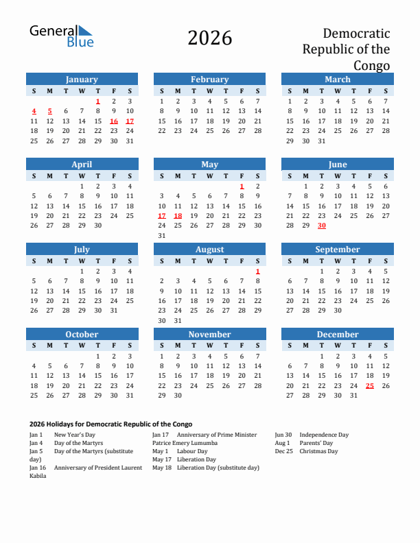 Printable Calendar 2026 with Democratic Republic of the Congo Holidays (Sunday Start)