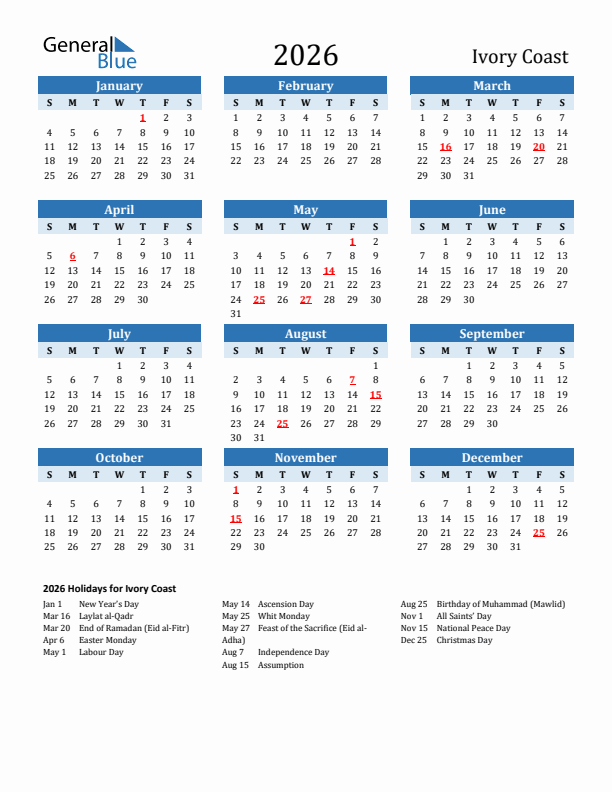 Printable Calendar 2026 with Ivory Coast Holidays (Sunday Start)