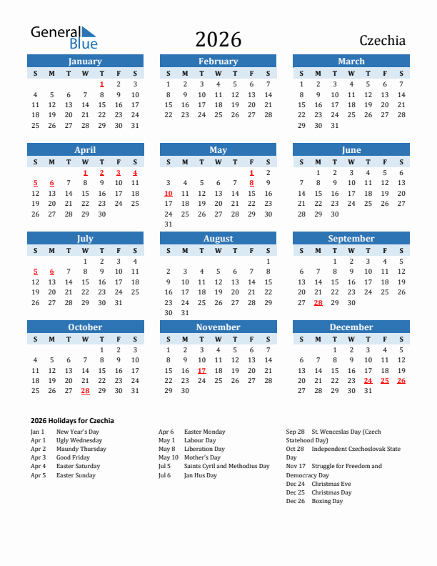 Printable Calendar 2026 with Czechia Holidays (Sunday Start)
