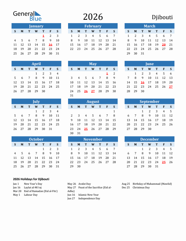 Printable Calendar 2026 with Djibouti Holidays (Sunday Start)