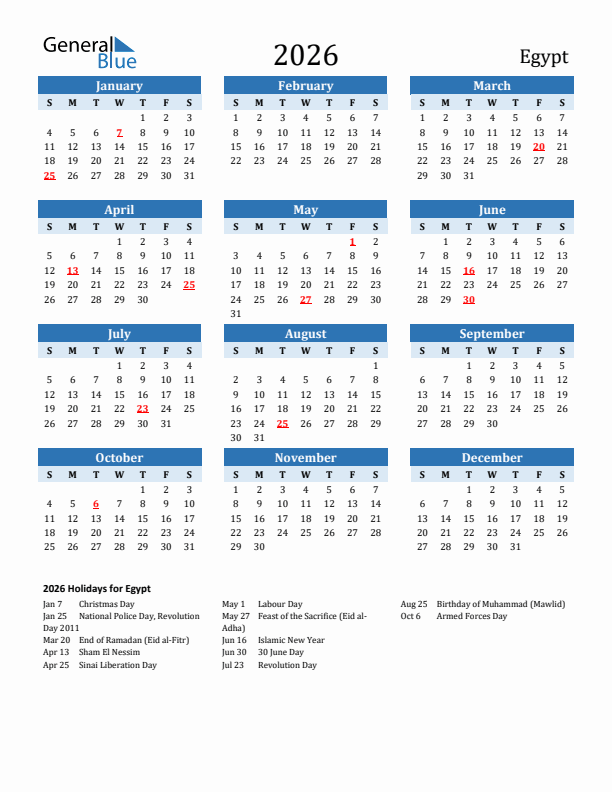 Printable Calendar 2026 with Egypt Holidays (Sunday Start)
