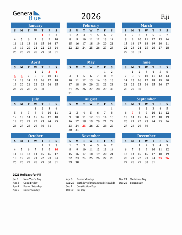 Printable Calendar 2026 with Fiji Holidays (Sunday Start)
