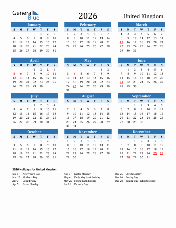2026 United Kingdom Calendar With Holidays