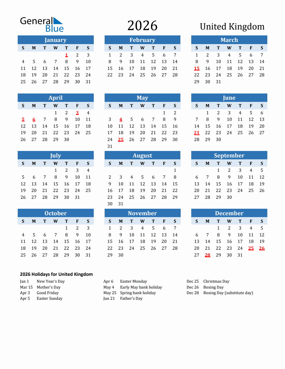 2026 Printable Calendar with United Kingdom Holidays