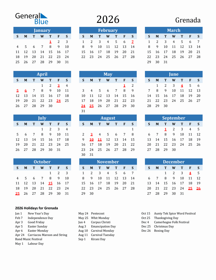 2026 Printable Calendar with Grenada Holidays