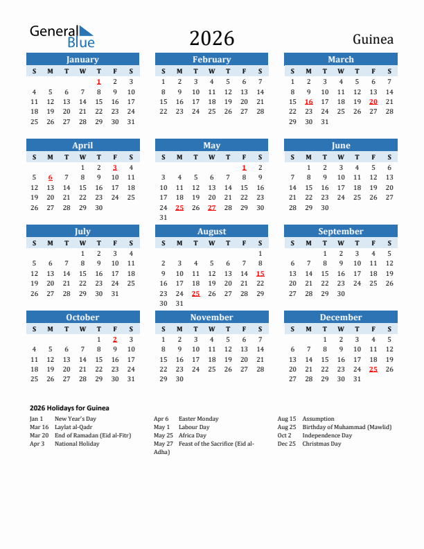 Printable Calendar 2026 with Guinea Holidays (Sunday Start)