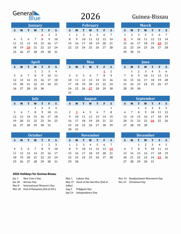 Printable Calendar 2026 with Guinea-Bissau Holidays (Sunday Start)