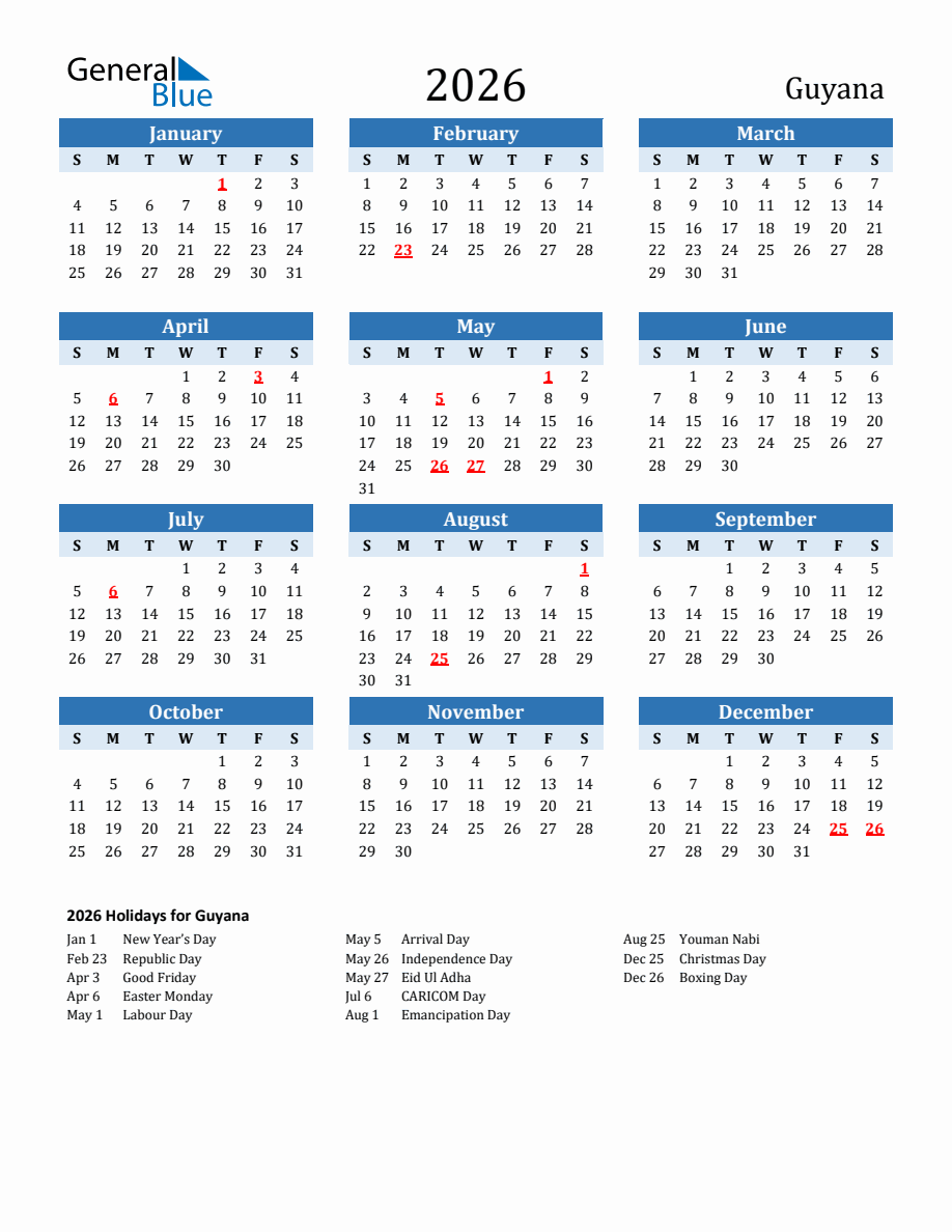 2026 Printable Calendar with Guyana Holidays