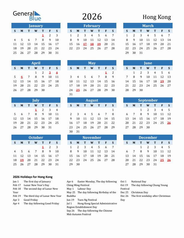 Printable Calendar 2026 with Hong Kong Holidays (Sunday Start)