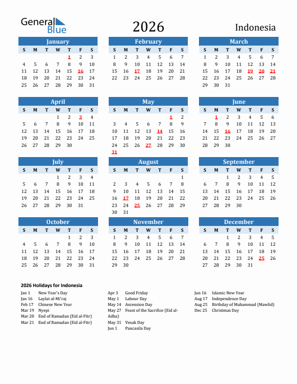 Printable Calendar 2026 with Indonesia Holidays (Sunday Start)