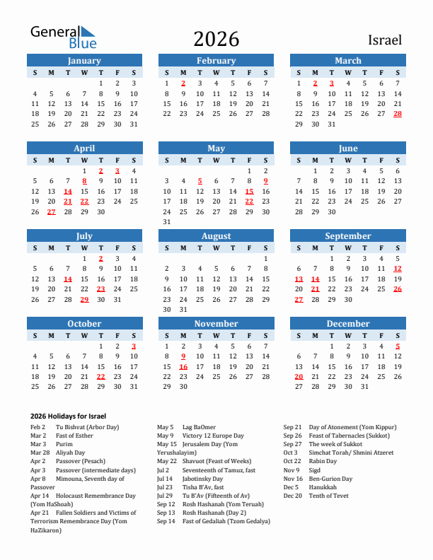 Printable Calendar 2026 with Israel Holidays (Sunday Start)