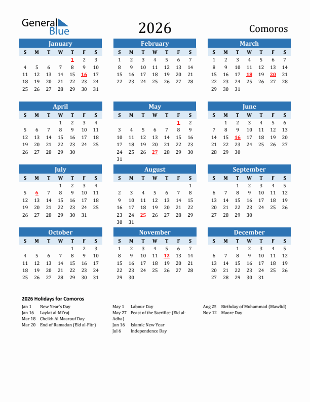 Printable Calendar 2026 with Comoros Holidays (Sunday Start)