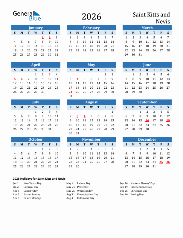 Printable Calendar 2026 with Saint Kitts and Nevis Holidays (Sunday Start)
