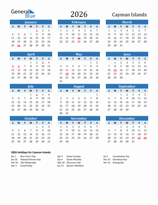 Printable Calendar 2026 with Cayman Islands Holidays (Sunday Start)