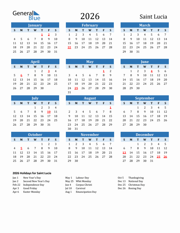Printable Calendar 2026 with Saint Lucia Holidays (Sunday Start)