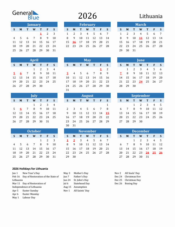 Printable Calendar 2026 with Lithuania Holidays (Sunday Start)