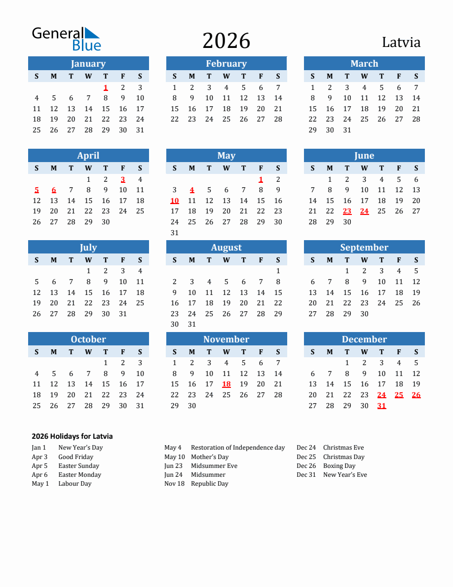 A 2026 calendar with Latvia holidays, representing the type of item that can be picked up through the USPS Request Pick Up Service