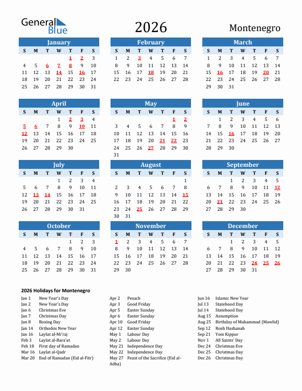 Printable Calendar 2026 with Montenegro Holidays (Sunday Start)