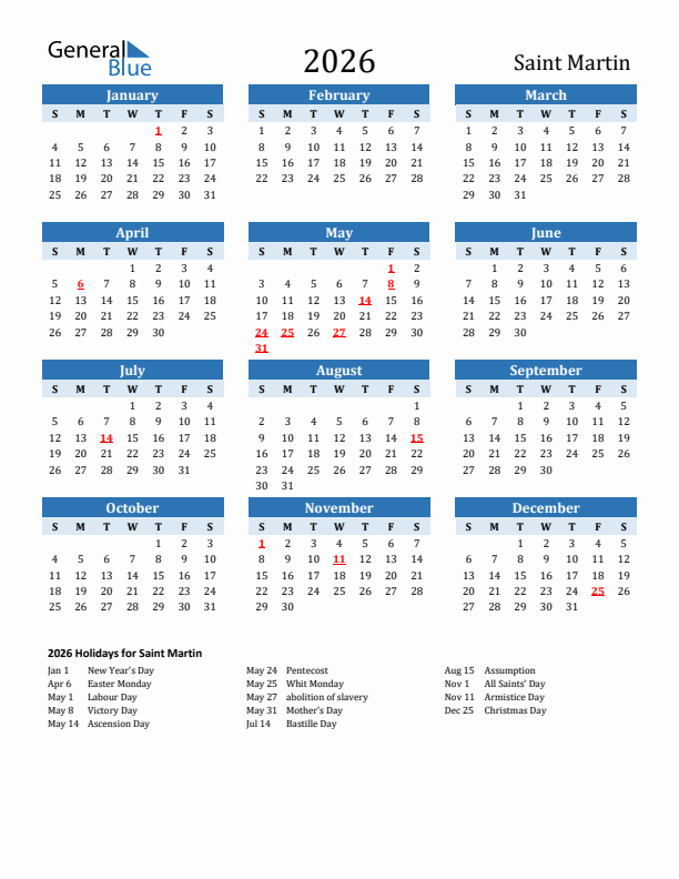 Printable Calendar 2026 with Saint Martin Holidays (Sunday Start)