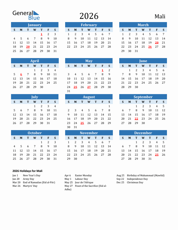 Printable Calendar 2026 with Mali Holidays (Sunday Start)