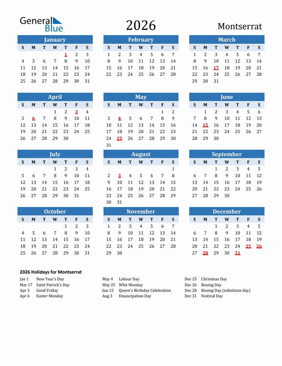 2026 Printable Calendar with Montserrat Holidays