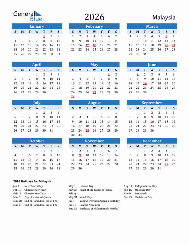 Printable Calendar 2026 with Malaysia Holidays (Sunday Start)